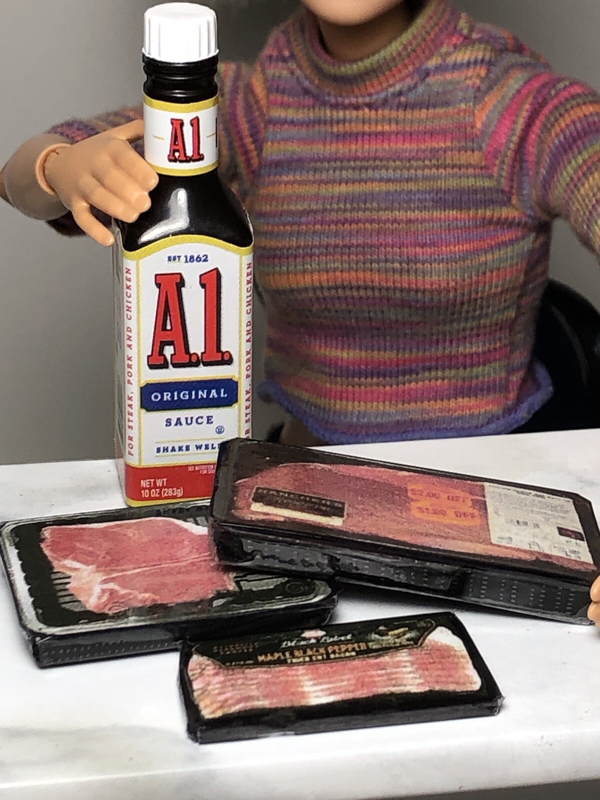 4pc BARBIE Doll FOOD Lot A1 STEAK Sauce 🥩  Bacon Little Kitchen Meat 1:6 SCALE Unbranded - фотография #3