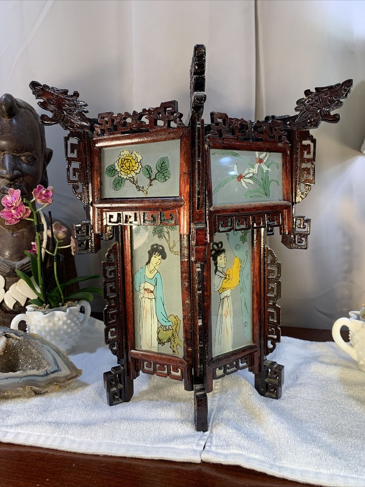 Antique Vintage Chinese Zitan Carved Wood Reverse Painted Glass Paneled Lantern Без бренда - фотография #12