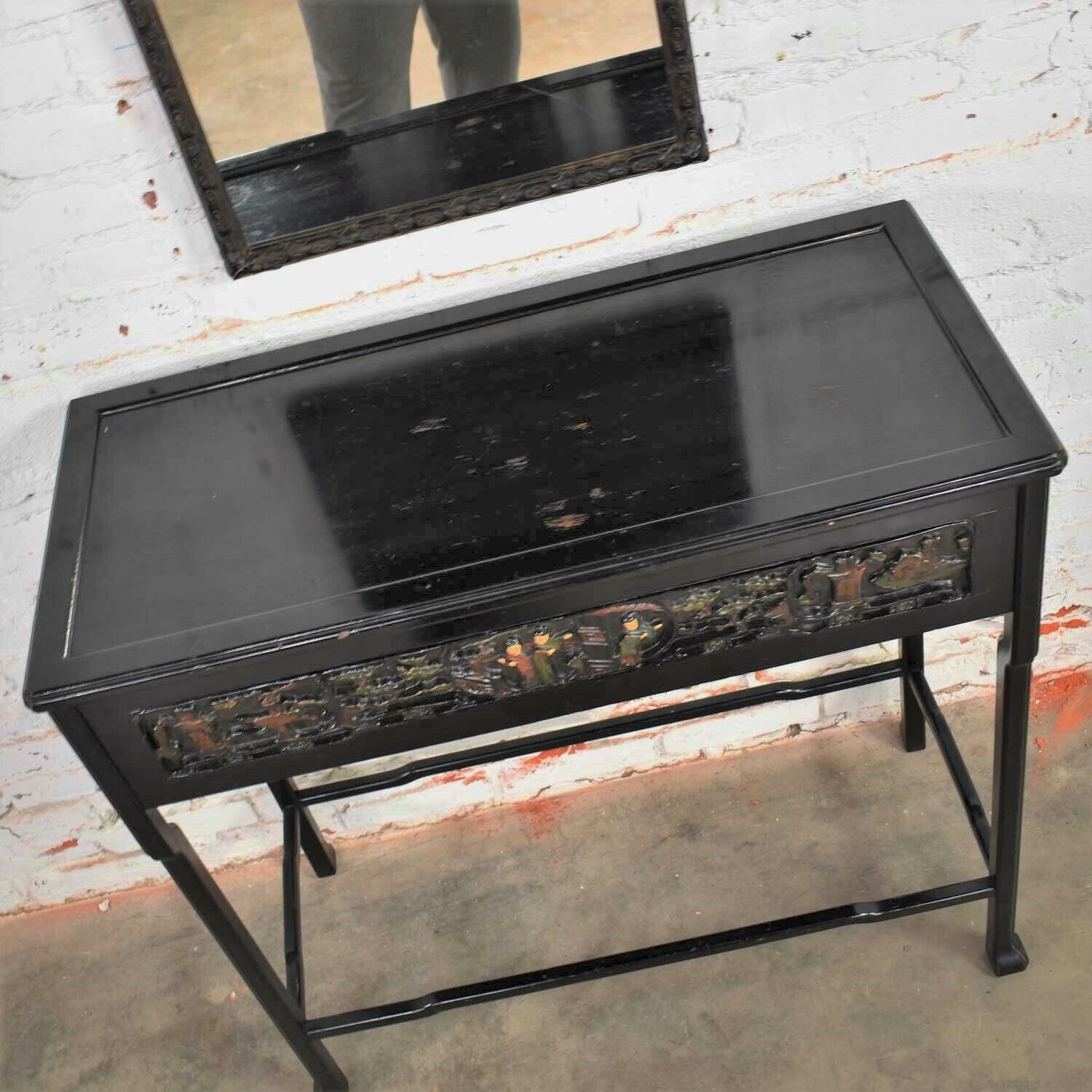 Antique Lacquered Asian Console Table & Mirror w/ Hand Carved Lacquer Figures &  Без бренда - фотография #6