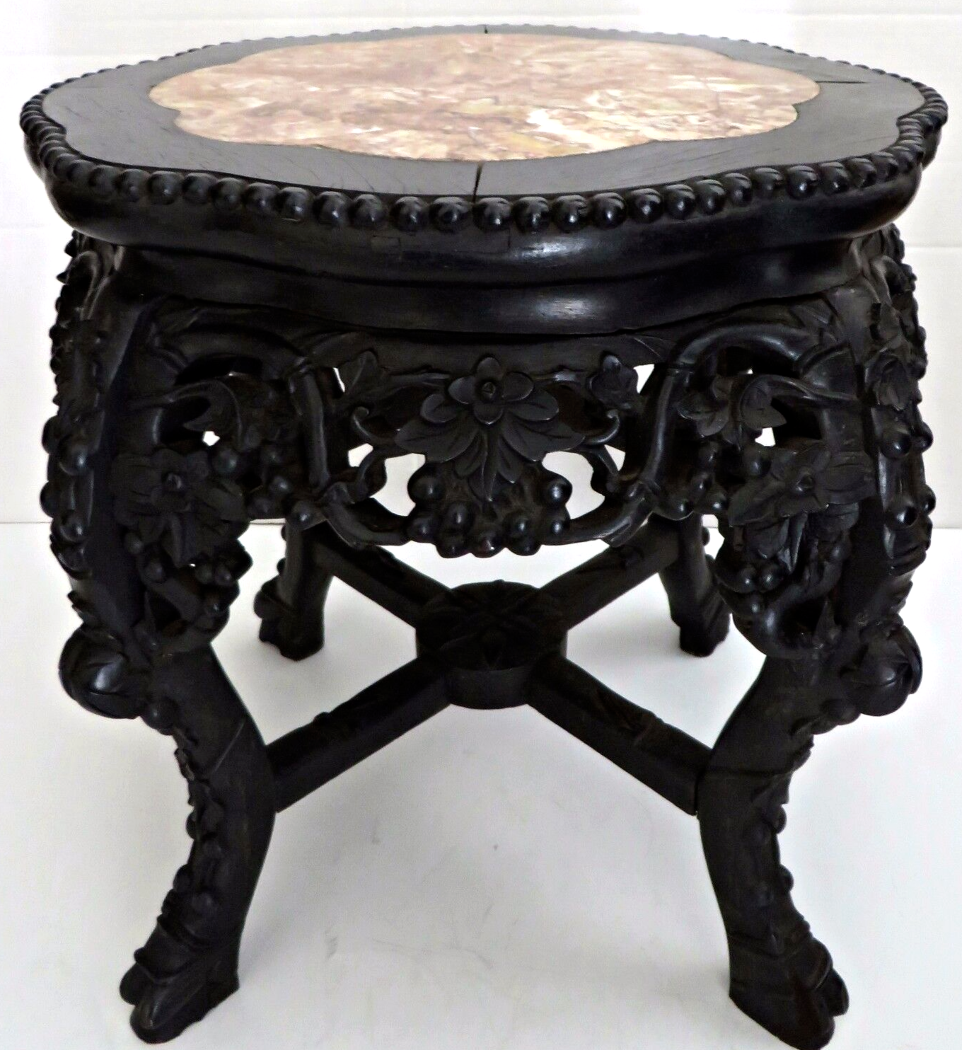 Antique 1870's Oriental Chinese Carved Wood Marble Top Side Table Plant Stand Без бренда - фотография #3