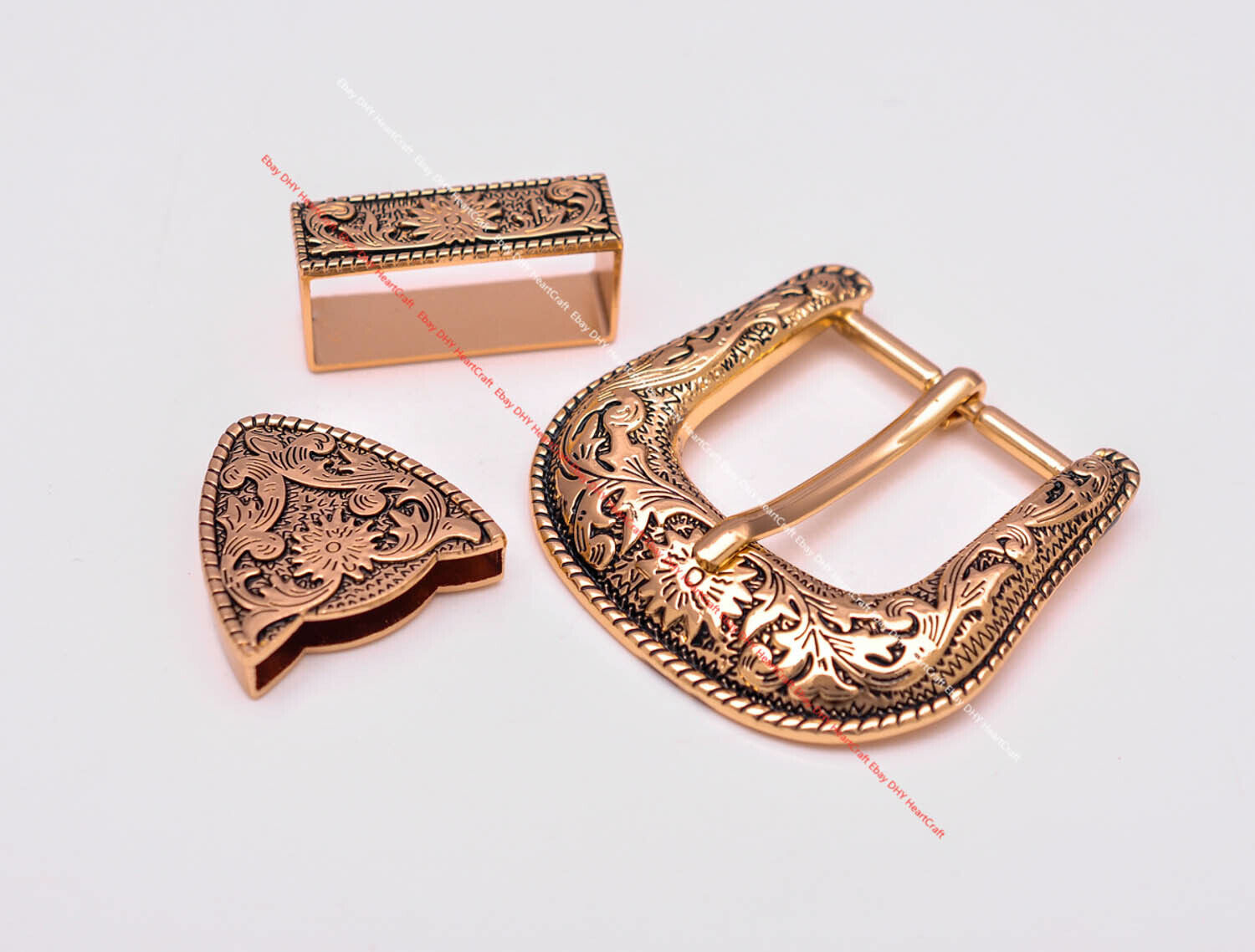 Heavy Gold Western Cowboy Belt Buckle 3 Piece Set Floral Carved Unisex 1-1/2" Unbranded Does not apply - фотография #6