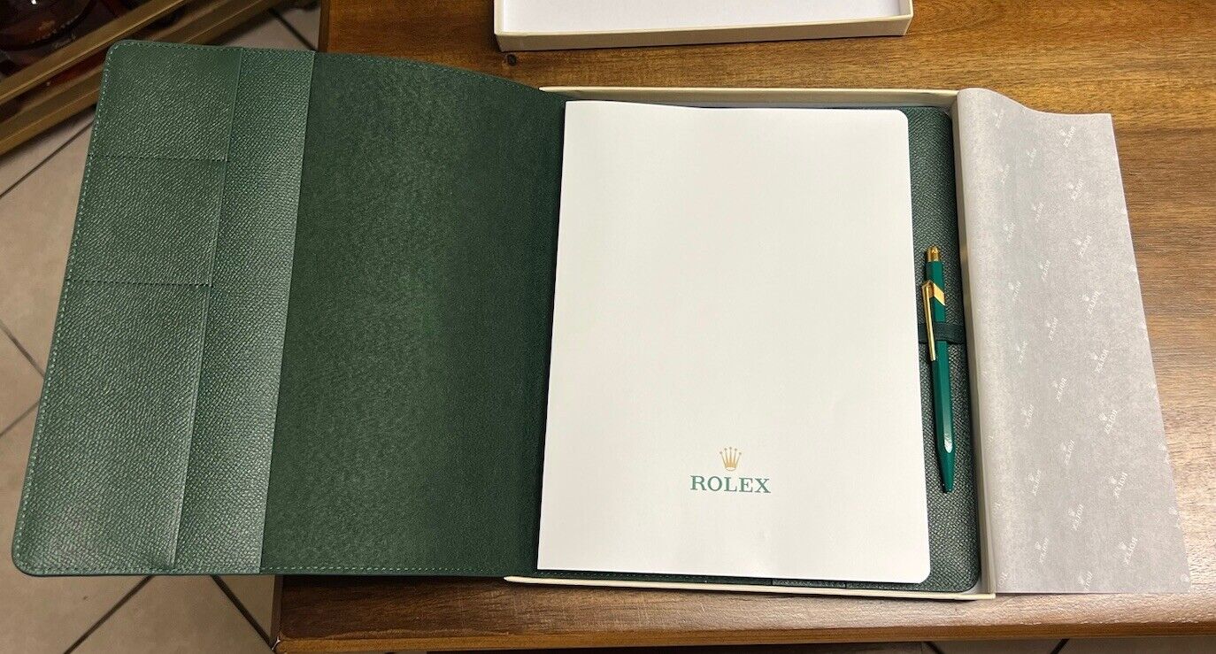 Rolex Notebook Padfolio Green Leather w/Rolex Green Pen 9.75"x12.5" Rolex x12 .5