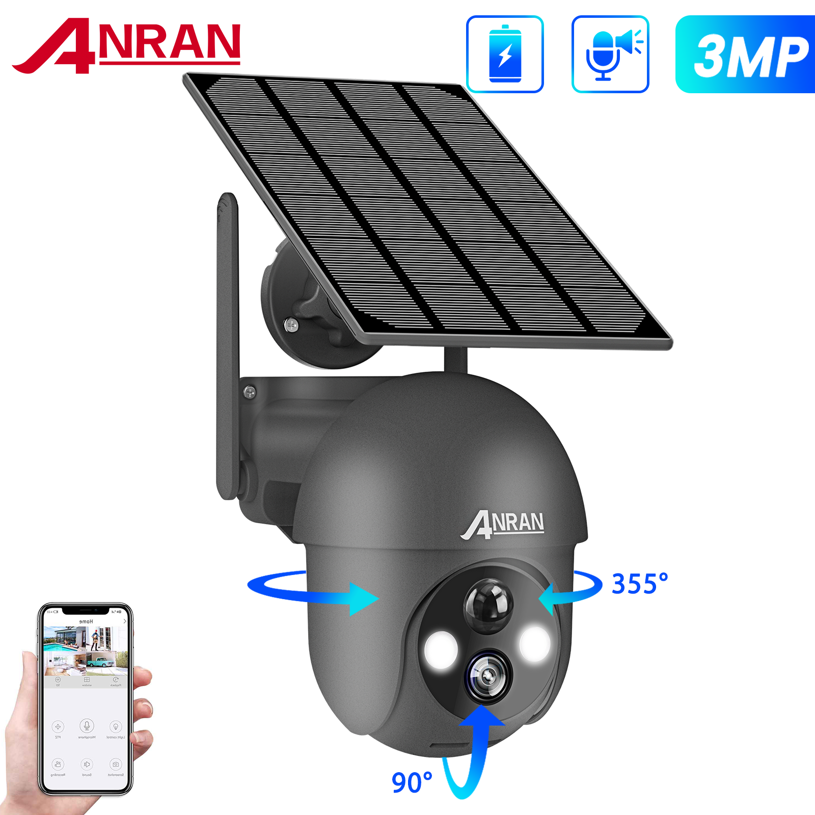 ANRAN Home Security Camera System Solar Panel 360°PTZ Wireless 3MP Outdoor Audio ANRAN AR-K04W1-36WB