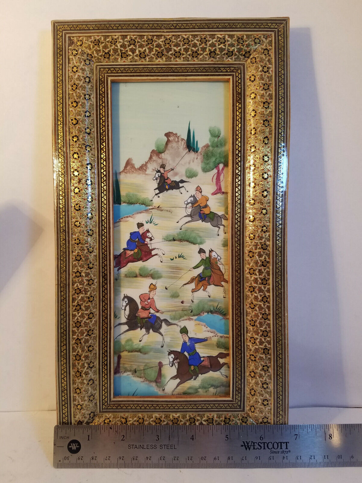Lot of 2 Vintage Persian Equestrian Paintings in Wooden Khatam Inlay Frames Без бренда - фотография #12
