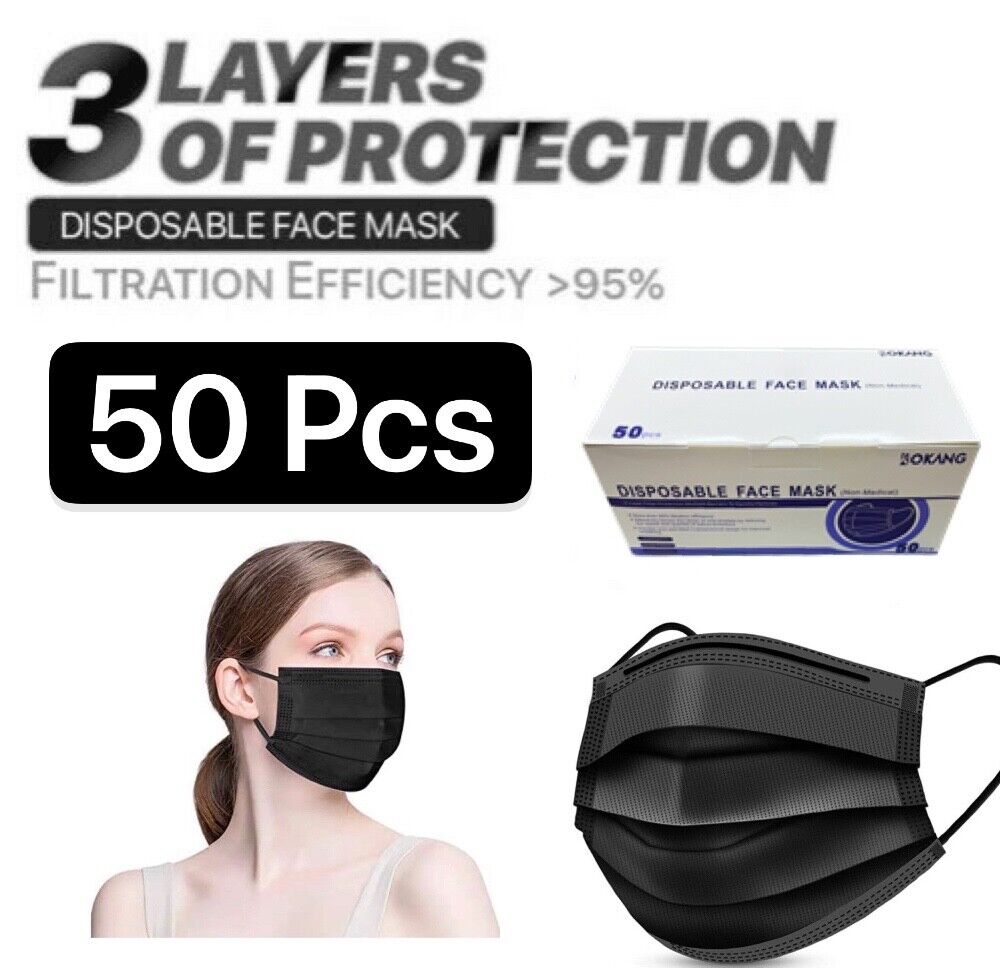 (50 PCS)Black 3-Ply Disposable Protective Face Mask Earloop Mouth Cover  Unbranded 3PLYA