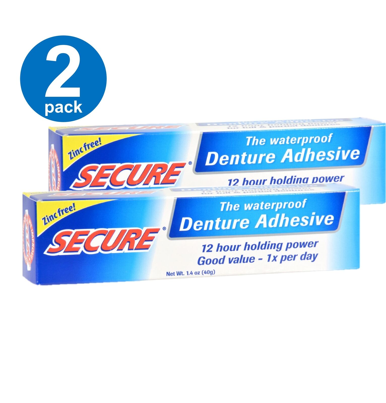 Secure Waterproof Denture Adhesive 12 Hour Holding Power Zinc Free 1.4 Oz 2 Pack SECURE DENTURE ADHESIVE NA
