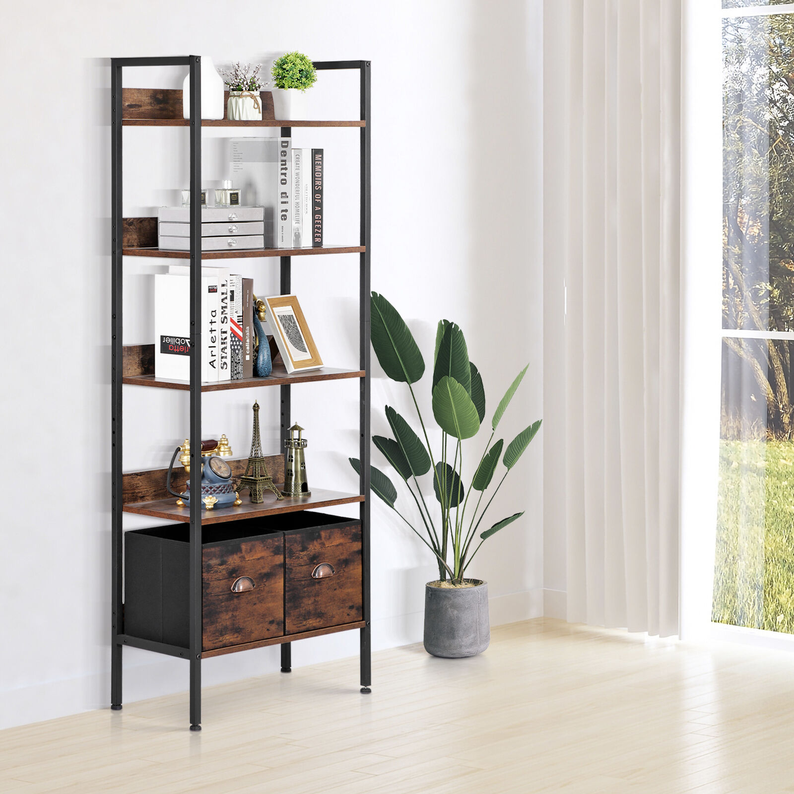 5 Tier Bookshelf Bookcase Storage w/ 2 Fabris Drawers for Living Room Bedroom Segawe H01-3486 - фотография #10