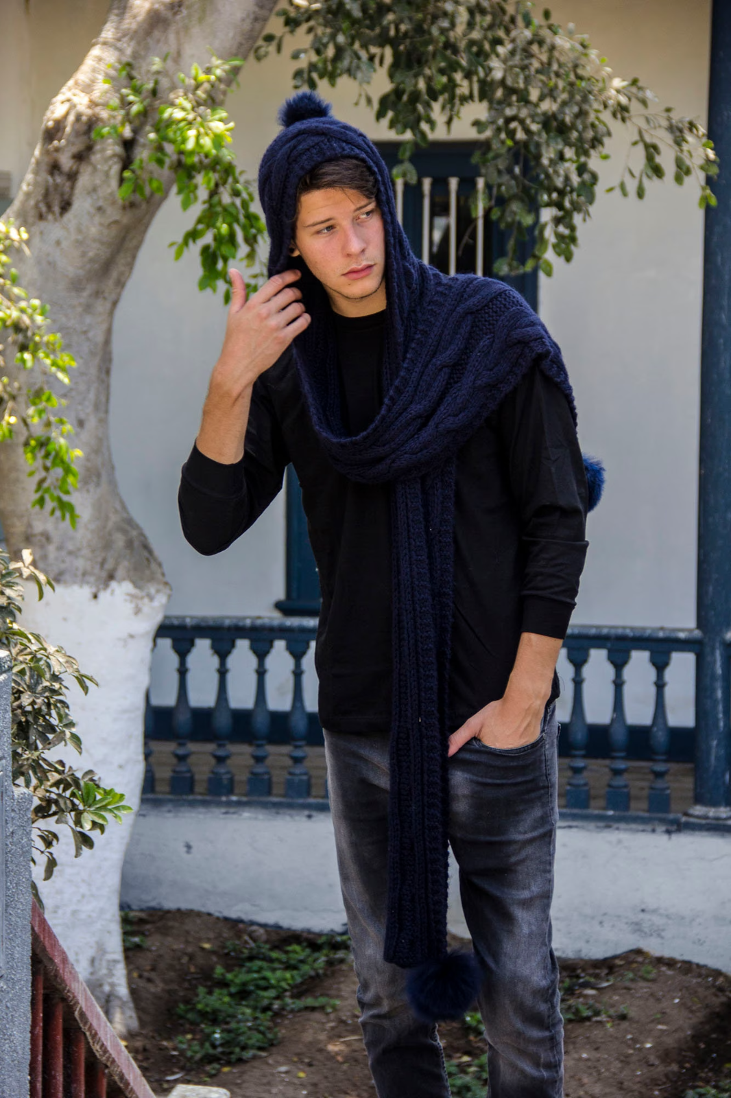 One Piece Long Baby Alpaca Blend Hooded Hat Scarf Women and Men - Navy Blue ARGUA