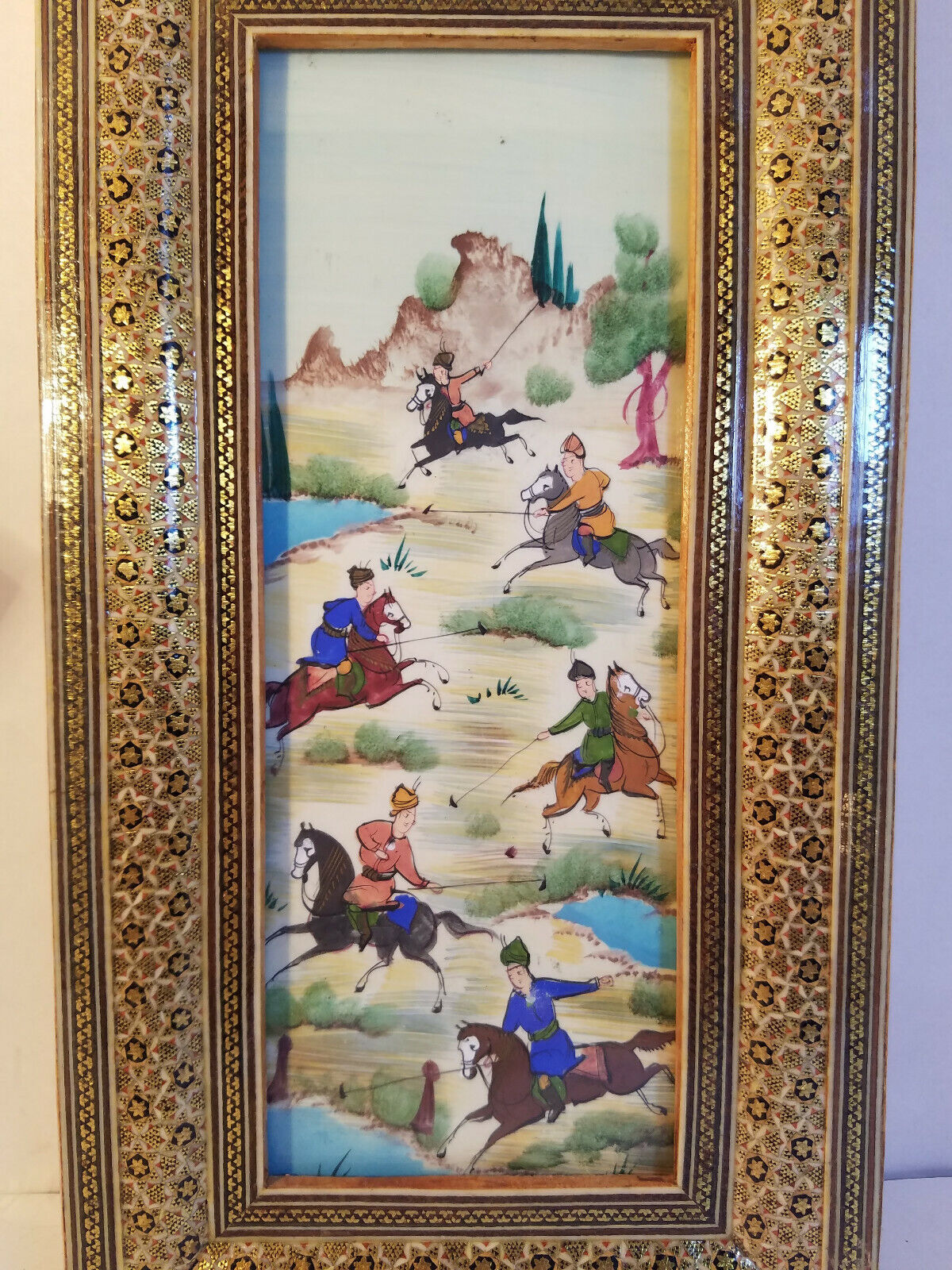 Lot of 2 Vintage Persian Equestrian Paintings in Wooden Khatam Inlay Frames Без бренда - фотография #8