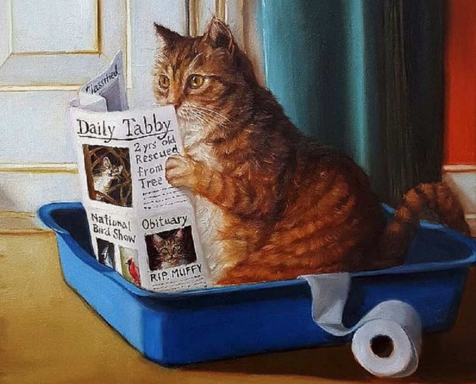 Print - Kitty Throne by Lucia Heffernan (Cat reading newspaper in litter box) Без бренда