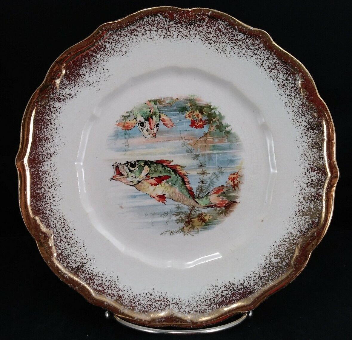 Antique Huntington Fish-Themed 18" Platter + Set Of Three 8" Plates c1890-1907 Huntington NA - фотография #6