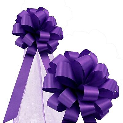 Purple Pull Bows with Tulle Tails -  8" Wide, Set of 6, Mardi Gras, Easter GiftWrap Etc