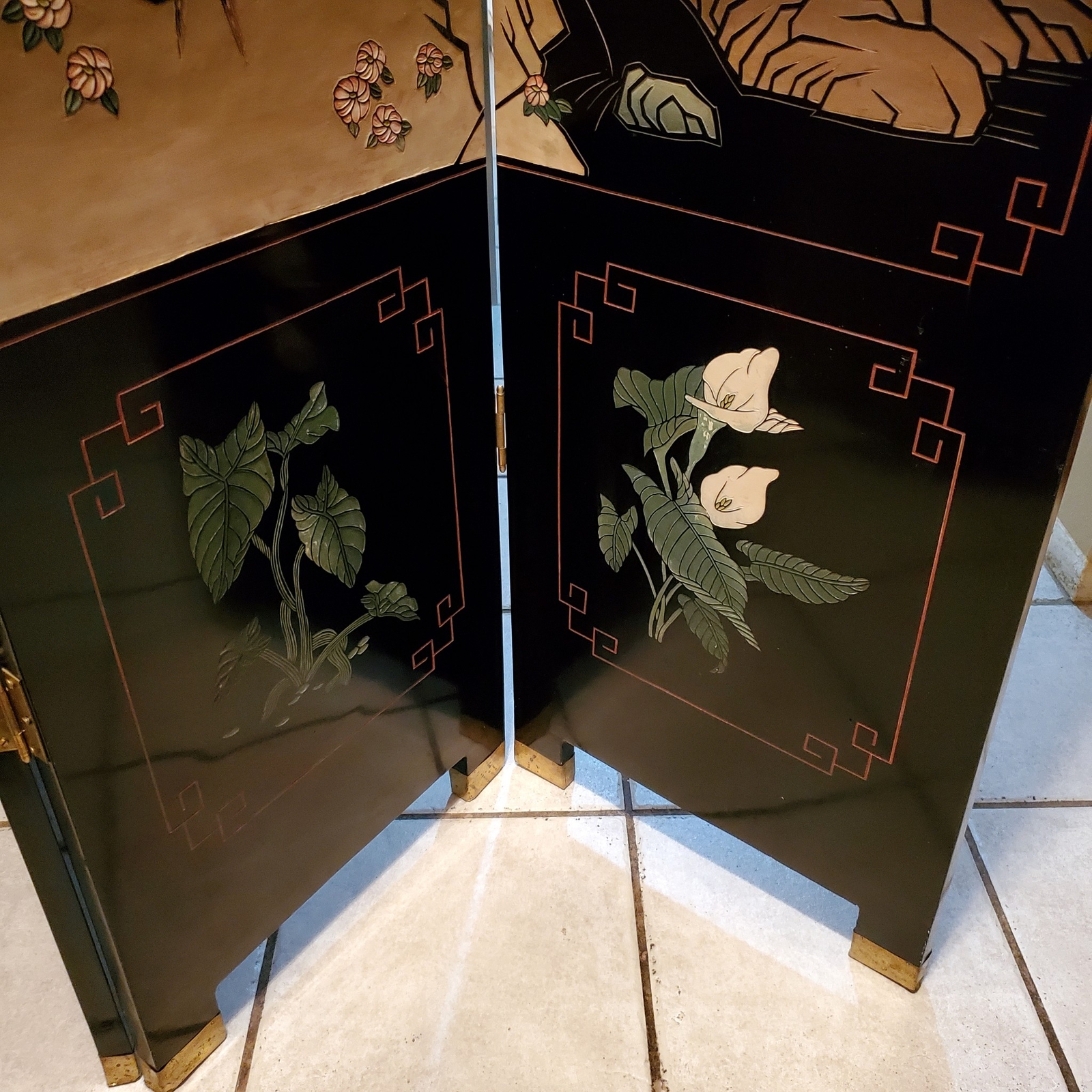 Vintage Wood Folding Room Divider Screen 4 Panel Black Lacquered Chinese Asian Unbranded - фотография #9