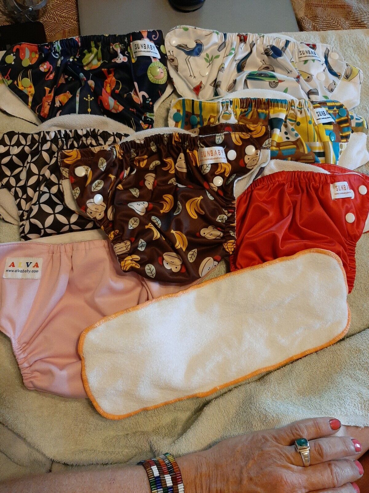 Lot 7 washable very nice Soft Sunbaby + Pocket Diapers w one Insert Lot #2 Sunbaby