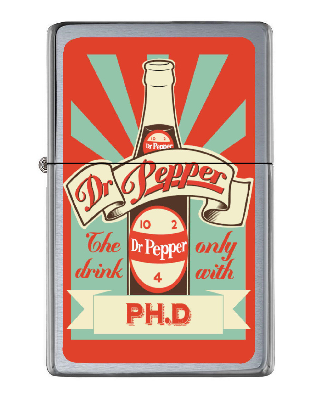 Retro Dr. Pepper Bottle Ad Flip Top Lighter Brushed Chrome with Vinyl Image. Без бренда