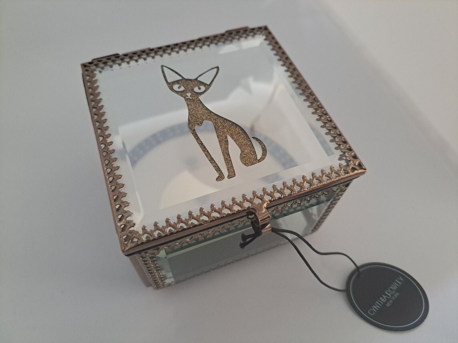 Cynthia Rowley New York Glass Siamese Cat Trinket Box Gold Trim Jewelry Box Без бренда