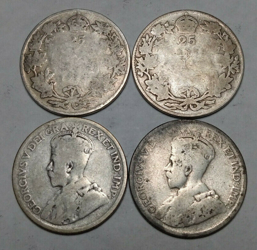 Lot of 2x Canada 25 Cents King George V Canadian Silver Quarters Worn Dates Без бренда - фотография #3