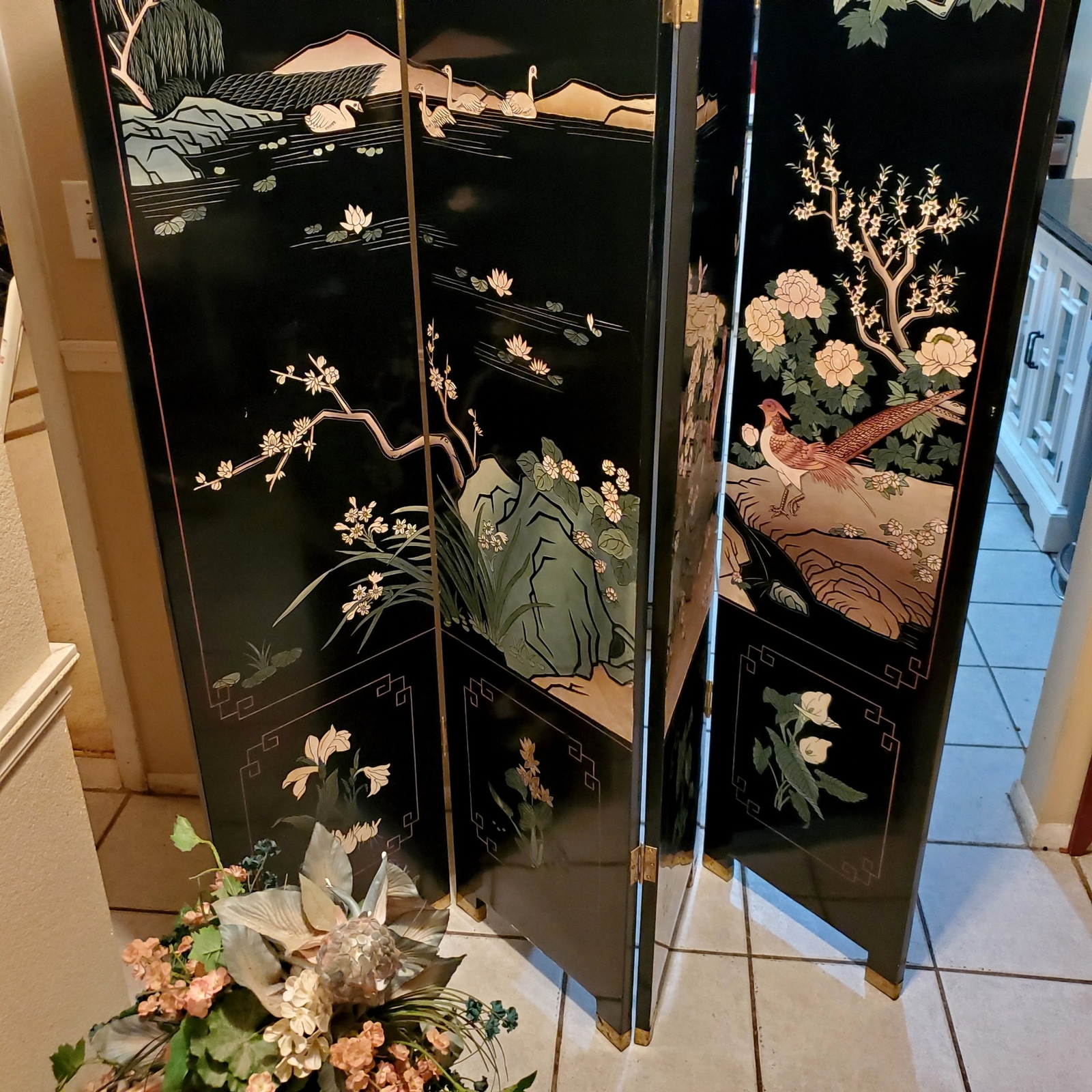 Vintage Wood Folding Room Divider Screen 4 Panel Black Lacquered Chinese Asian Unbranded