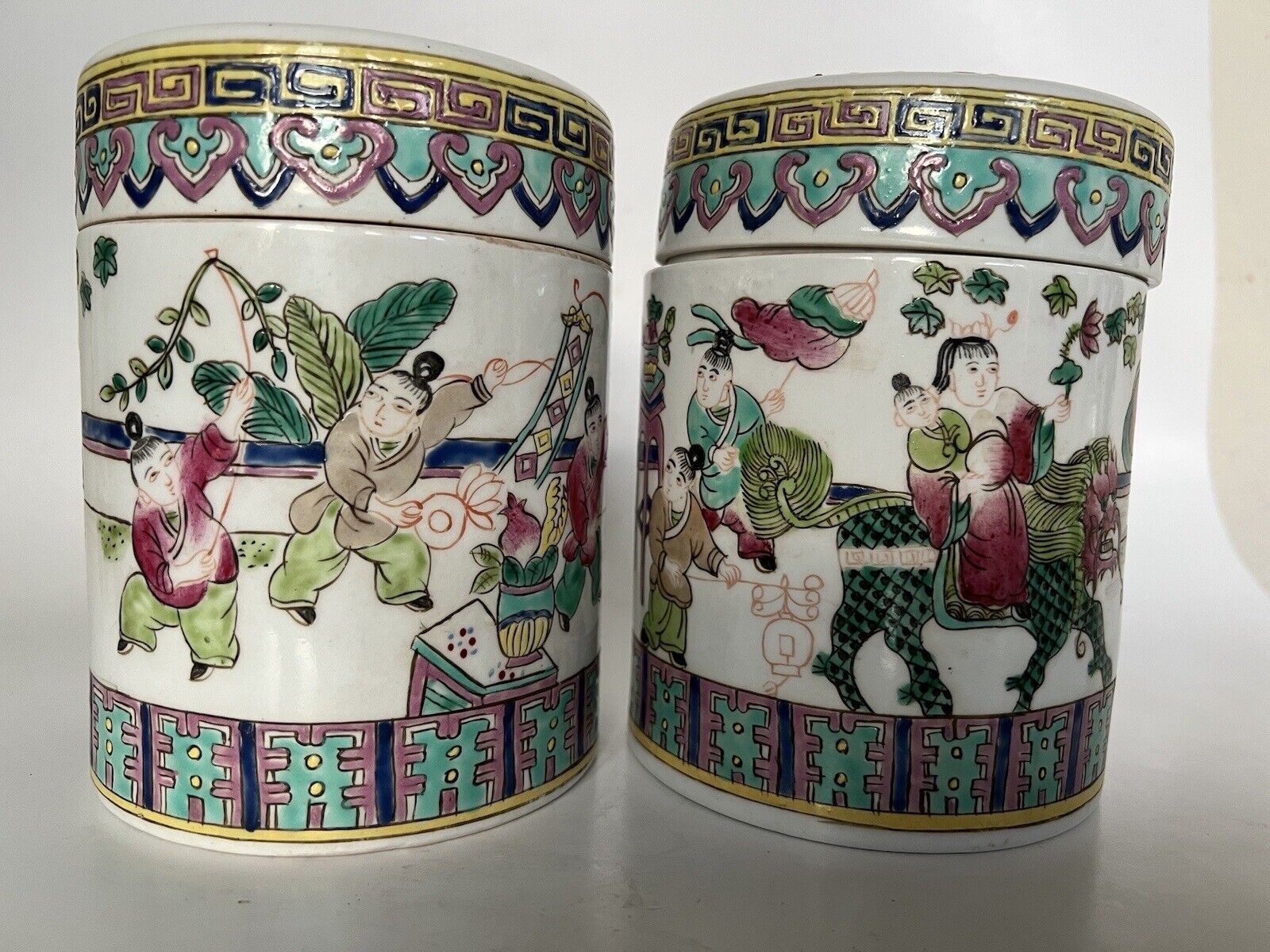 2 Antique Chinese Hand Paint Dragon Children Cylinder Hallmark Famille Jars 6" Без бренда - фотография #5