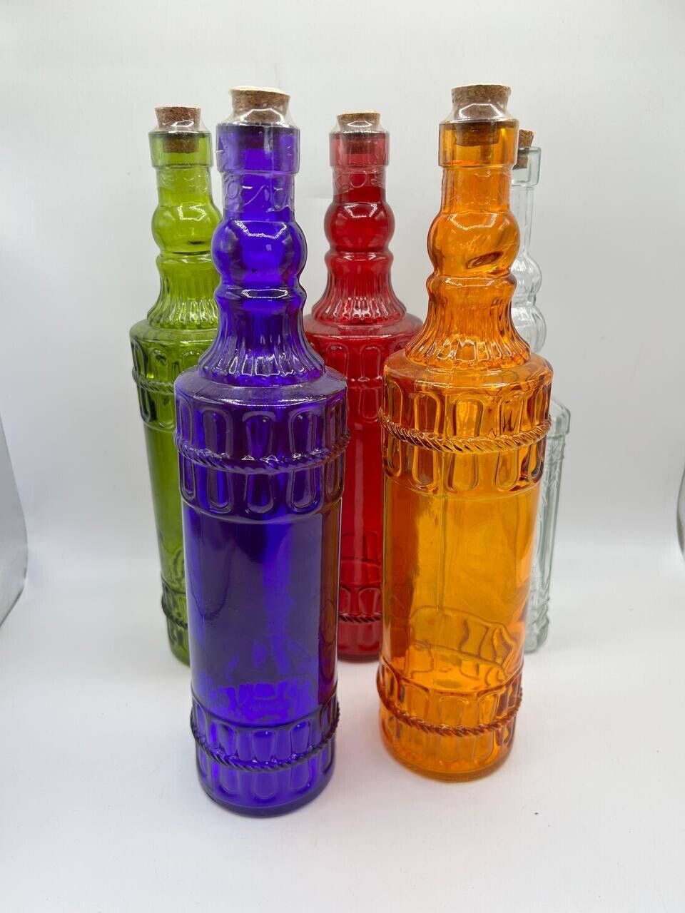 Set Of 5 Greenbrier Decanter Glass Bottles w/cork 12” x 3” Без бренда