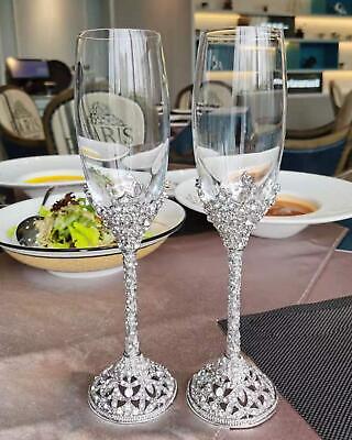 Champagne Flutes Crystal Glass Metal Base With Crystal Stones Set Of 2 Toasting Jozen Gift - фотография #4