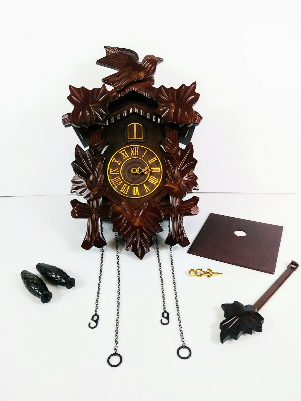 Wood Coo Coo Clock Bird / Leaves Repair or Parts 15" Tall X 9 3/4" Wide Unknown