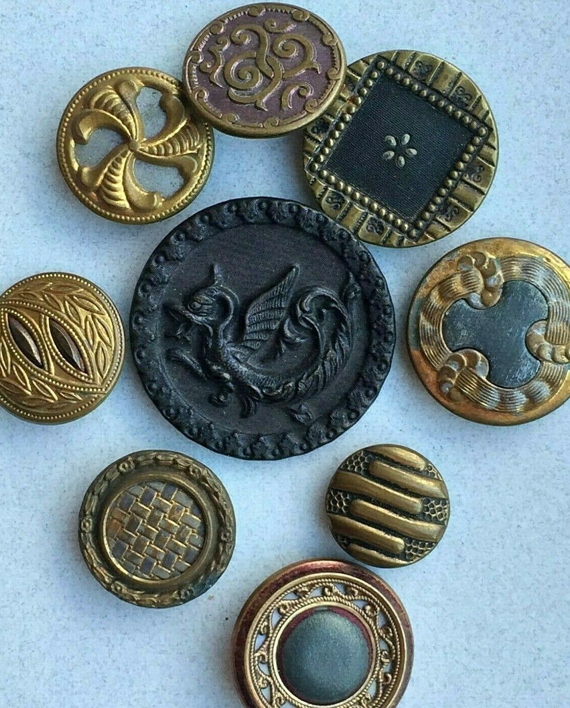 Lot of 9 antique metal buttons picture cut steel tinted deco nouveau Без бренда