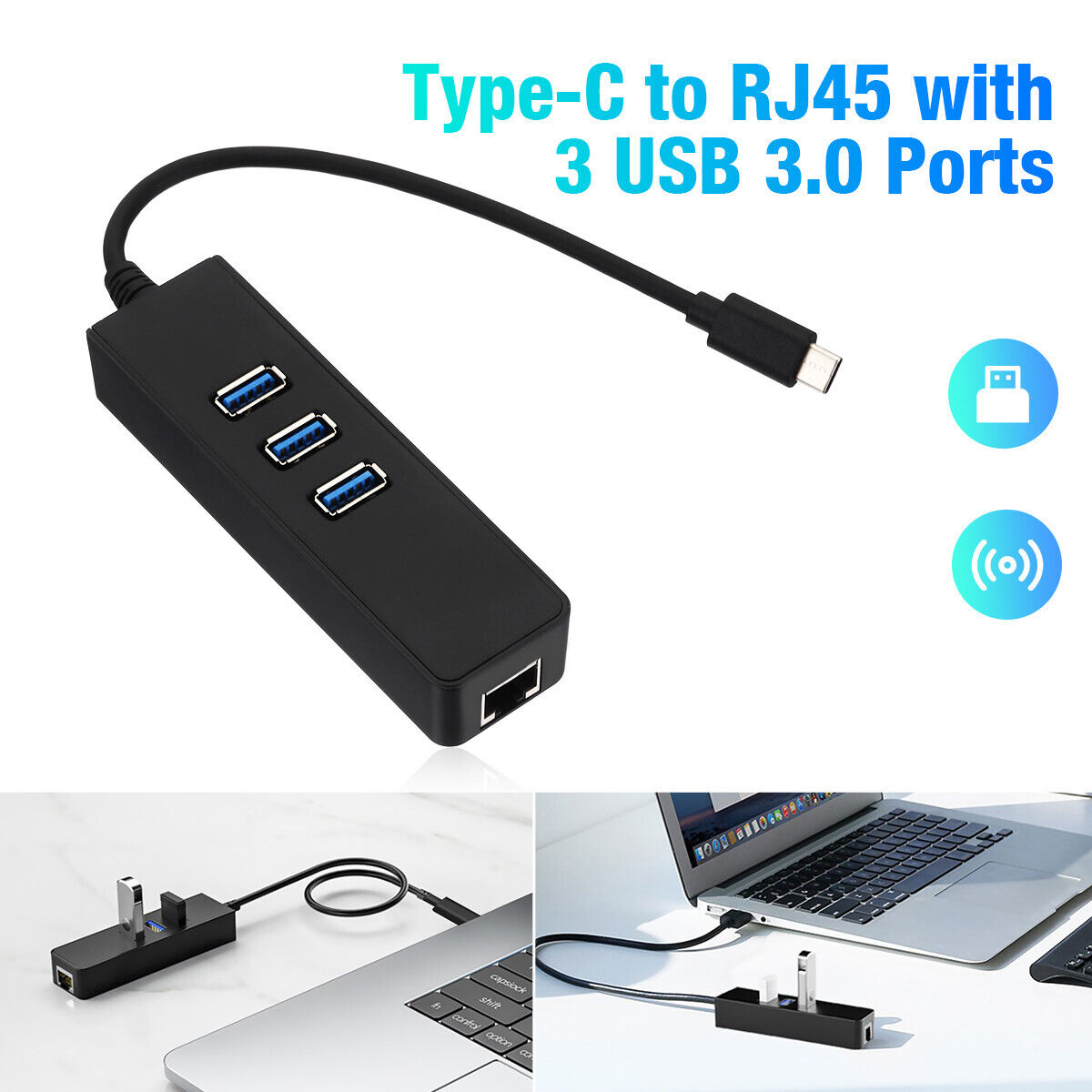 USB-C USB 3.1 Type-C Male to 3-Port USB 3.0 Hub & RJ45 Gigabit Ethernet Adapter Ombar Type-C Adapter - фотография #6