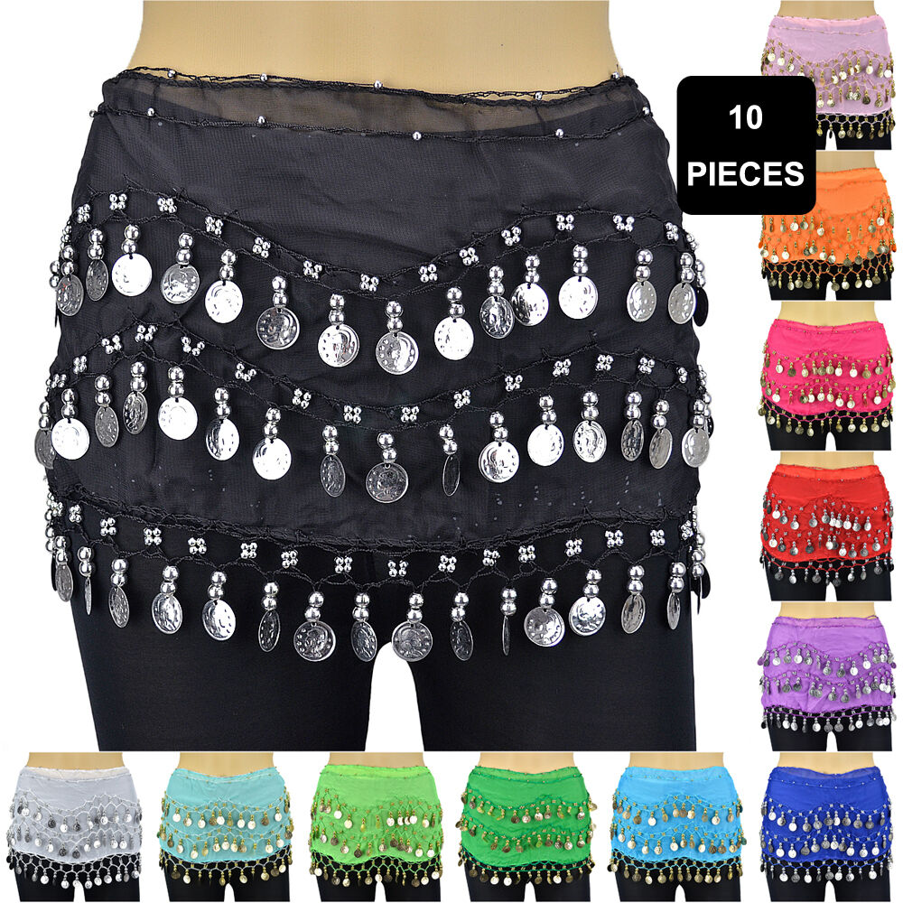 10 PCs Belly Dance Skirt Scarf Hip Wrap Belt Wholesale Low Price Chiffon Coins White Deer