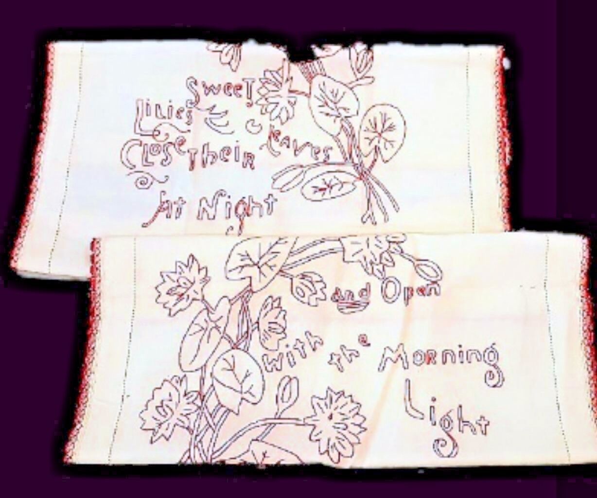 Antique Redwork Embroidery Linen Pillow Layover Victorian Set 2 Sweet Lilies Handmade