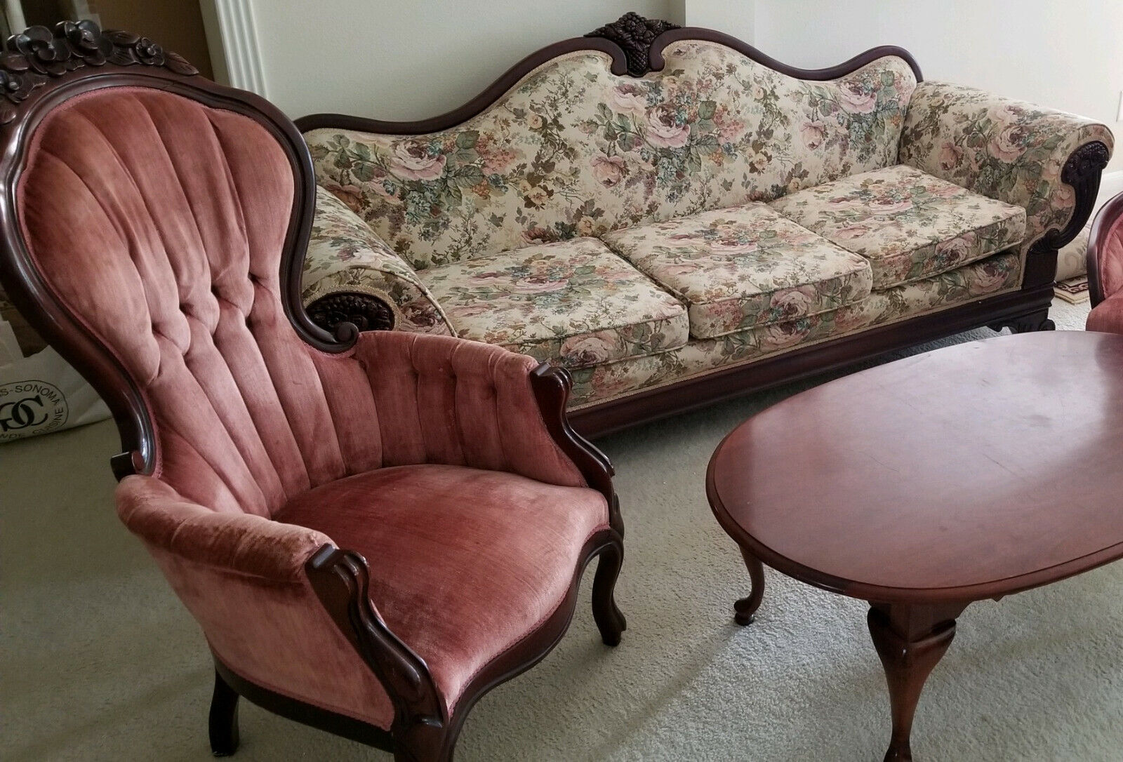 Vintage Victorian Empire Style Sofa Couch-2 Gentlemans Chairs-Oval Coffee Table Empire