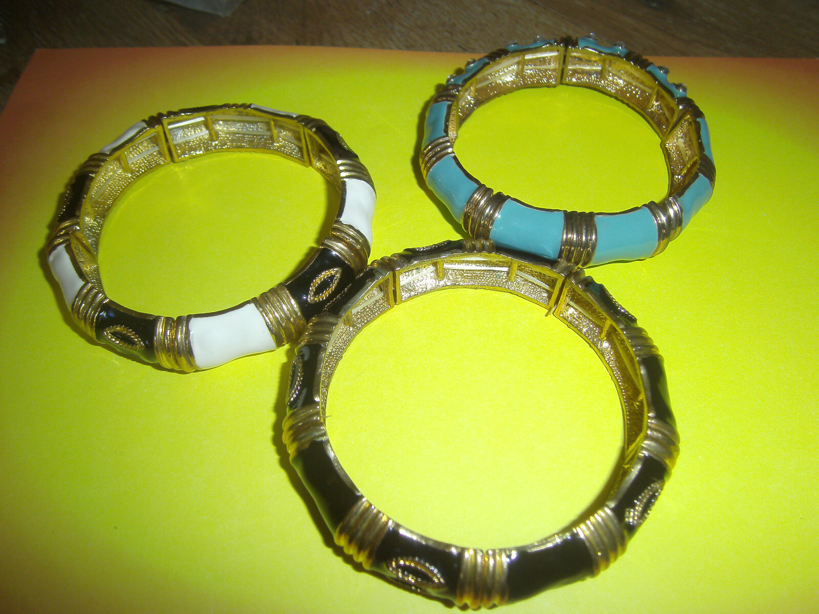 3 Metal stretch Bangle Bracelets Gold tones Rhinestones & enamel finish Unbranded unknown