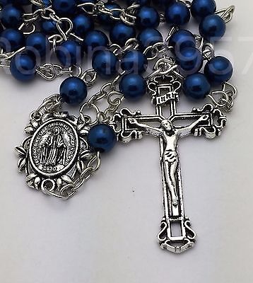 Miraculous Center Traditional Crucifix Sapphire Blue Pearl Catholic Rosary Beads Без бренда