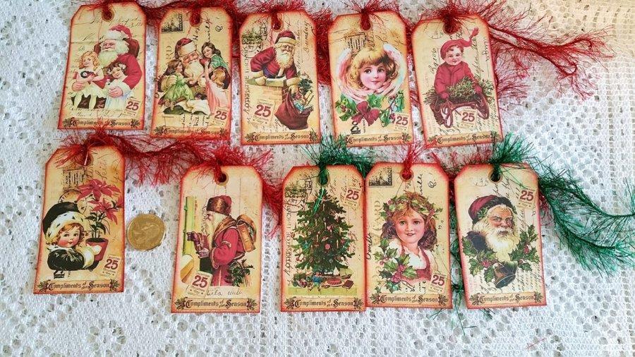 10~Christmas~Vintage~VTG~Kids~Santa~Fussy Cut~Linen Cardstock~Gift~Hang~Tags Toez In The Sand