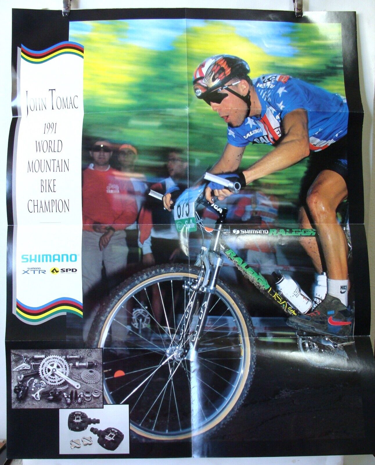 ~ Rare 1991 JOHN TOMAC World MTB Champion Fold Out Poster 22" x 28" Shimano XTR Raleigh, Shimano, John Tomac