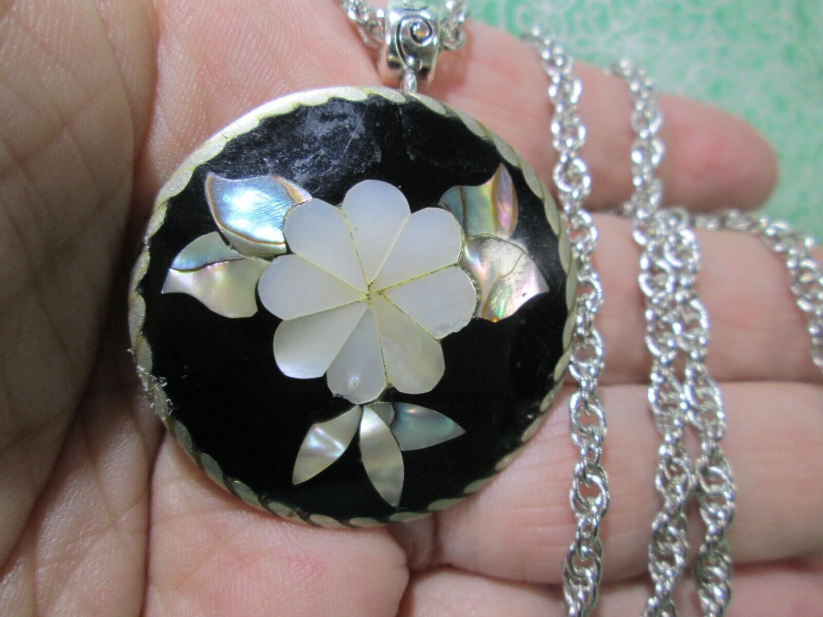 VTG Enameled Mexico Pendant w/ Silver Plated Rope Chain 25" / Upcycled / 1N Handmade - фотография #7