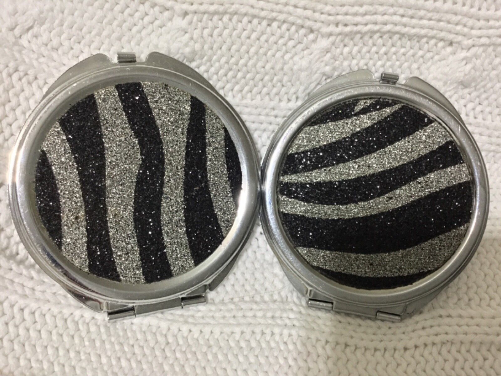 TWO WELFORTH FINE PEWTER ENAMEL ZEBRA PATTERN MIRRORED COMPACT(2.25”X 2.25”) WELFORTH