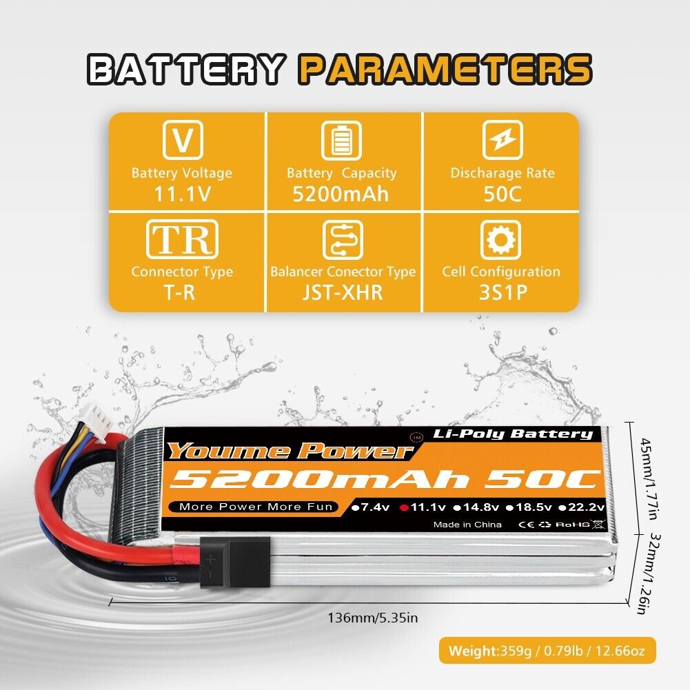 2pcs 11.1V 5200mAh 3S LiPo Battery 50C for RC  TR Car Truck Buggy Boat Youme Model Power Battery Does Not Apply - фотография #3