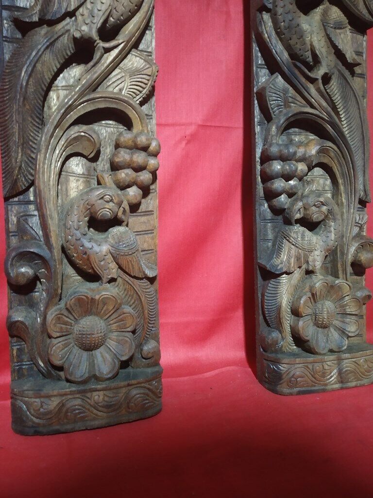 Vintage Wall Panel Pair Wooden Floral Hindu Temple Peacock Carving Decor Door US Без бренда - фотография #6