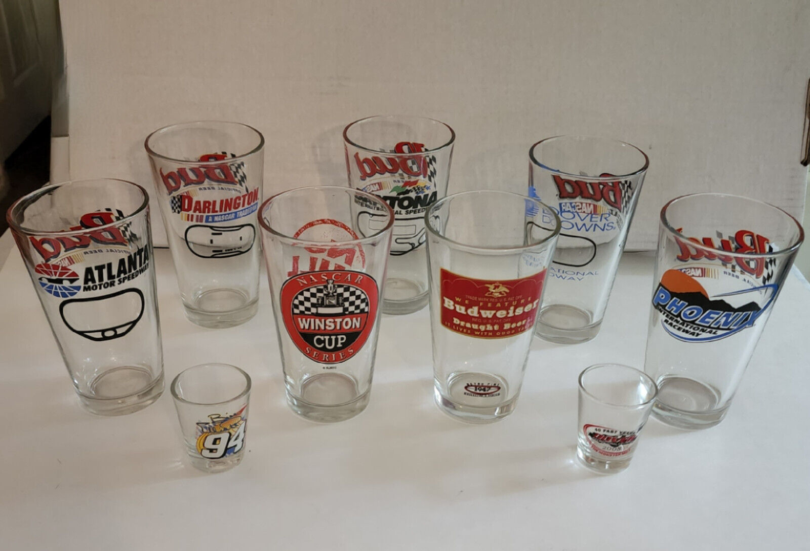 Budweiser Nascar Beer Shot Glasses Daytona, Darlington, Phoenix, Dover, Winston  Budweiser