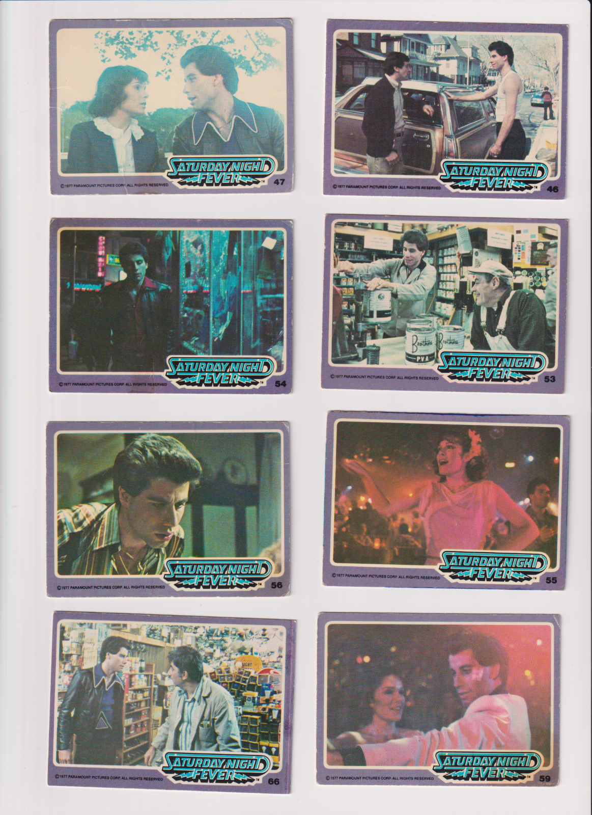 Saturday Night Fever Trading Cards John Travolta LOT 8 #47,46,53,55,59,54,56,66 Без бренда