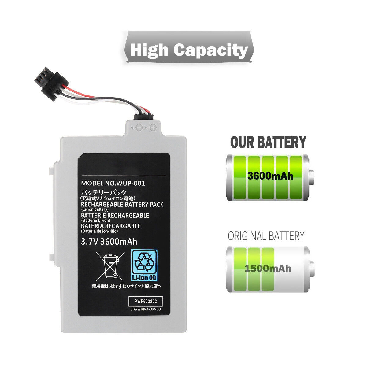 Rechargeable Extended Battery Pack For Nintendo Wii U Gamepad 3600mAh 3.7V OEM Unbranded - фотография #3
