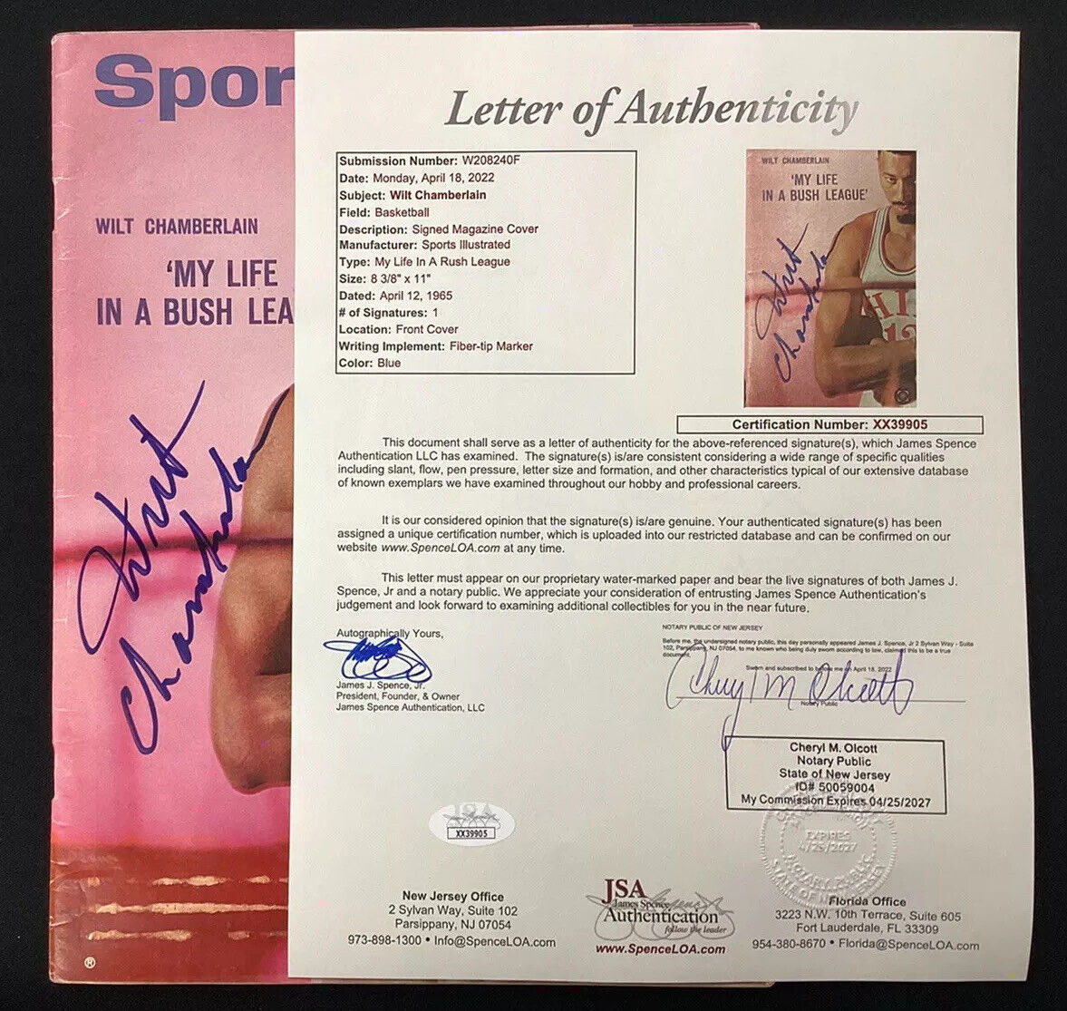 Wilt Chamberlain Signed Sports Illustrated 4/12/65 Basketball 76ers Auto HOF JSA Sports Illustrated - фотография #7