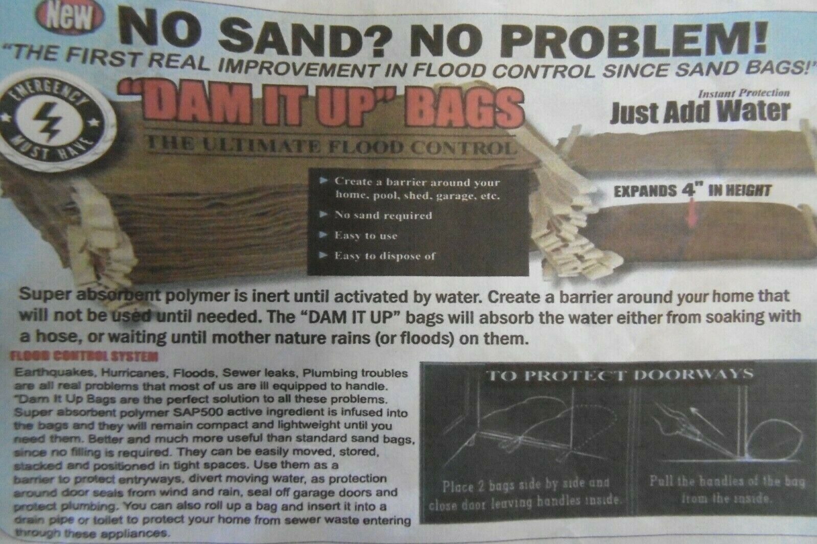 Wholesale Bulk Lot Of 100 Flood Protection Sandless Sandbag Kits Water activated HSF 8 Pc Homeowners Kit - фотография #12