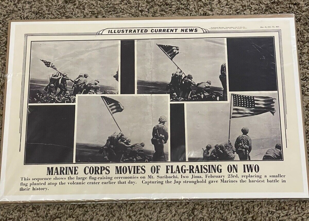 Illustrated Current News History Marine Flag Raising on IWO Jima Poster 1945 Без бренда