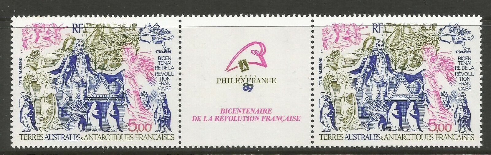 FSAT/TAAF 1989, BICENTENARY OF FRENCH REVOLUTION X 2- AIRMAIL ,S.G 258 MNH** Без бренда