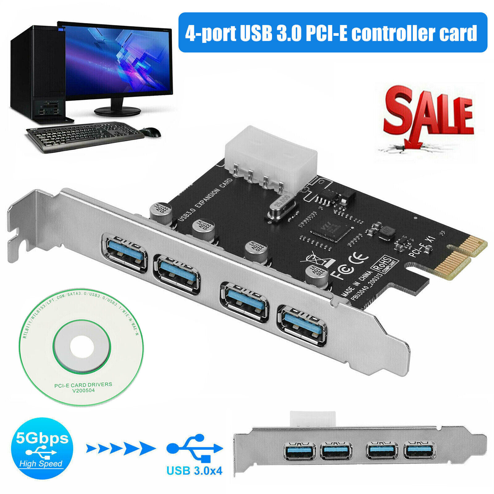 4-Port 5Gbps PCI-E Express to USB 3.0 Controller Expansion Card Adapter for PC Unbranded Does not apply
