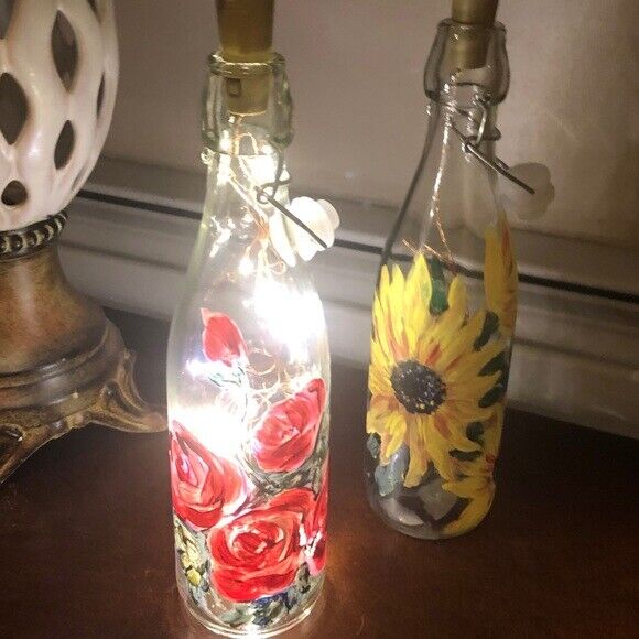 Hand painted roses on wine bottle w lights Home Art Decor Gift Idea Handmade - фотография #3