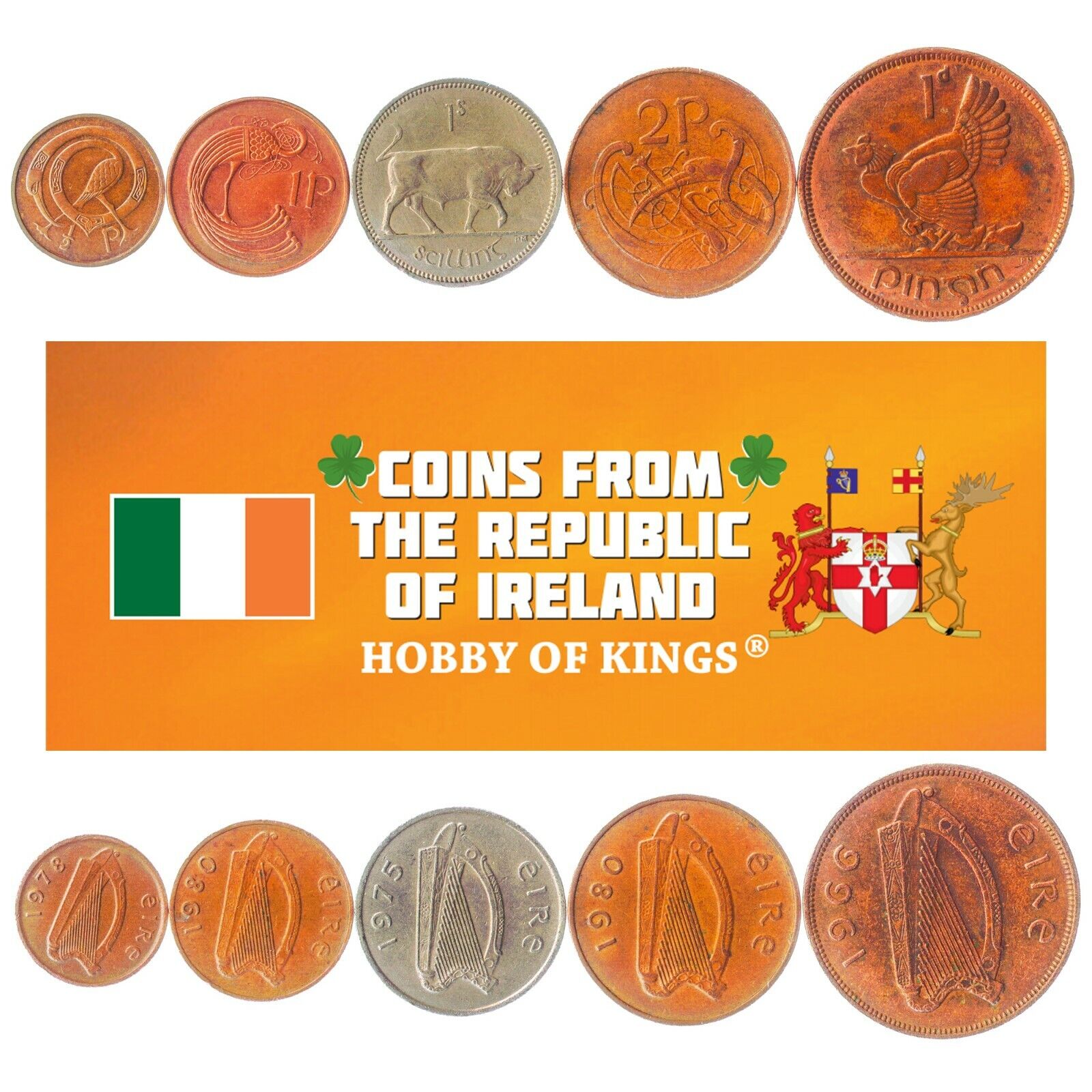 5 IRISH COINS. DIFFERENT COINS FROM ISLAND. FOREIGN CURRENCY, VALUABLE MONEY Без бренда