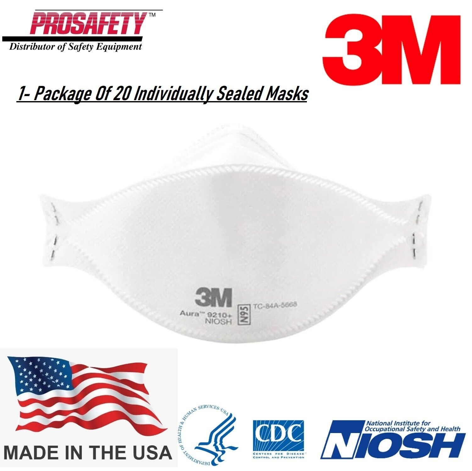 3M 9210+ Aura N95 Sealed Particulate Respirator NIOSH Approved USA Made, 20-Pack 3M 9210+ / 37192